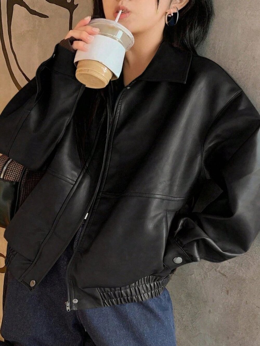 Black Casual Women's Lapel Loose Motorcycle Jacket